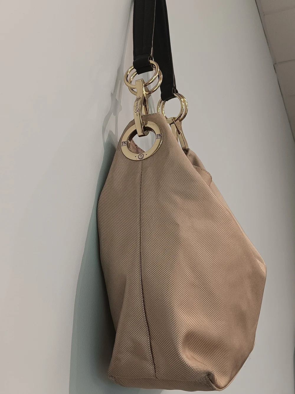 JPK Paris 75 Tan/Gold Nylon Hobo Shoulder Bag Gold Hardware Signature Hooks
